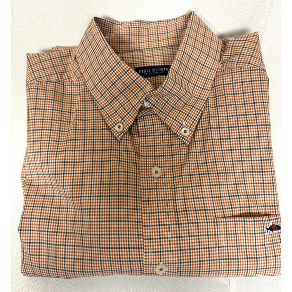 Fish Hippie Button Up Preppy Orange/Blue/White Plaid Sz M